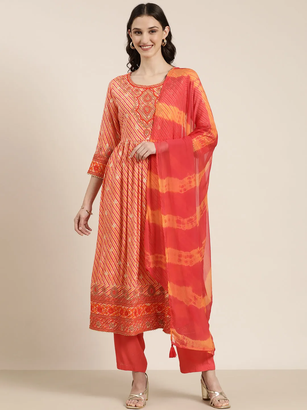 Women Orange Striped Kurta Set
