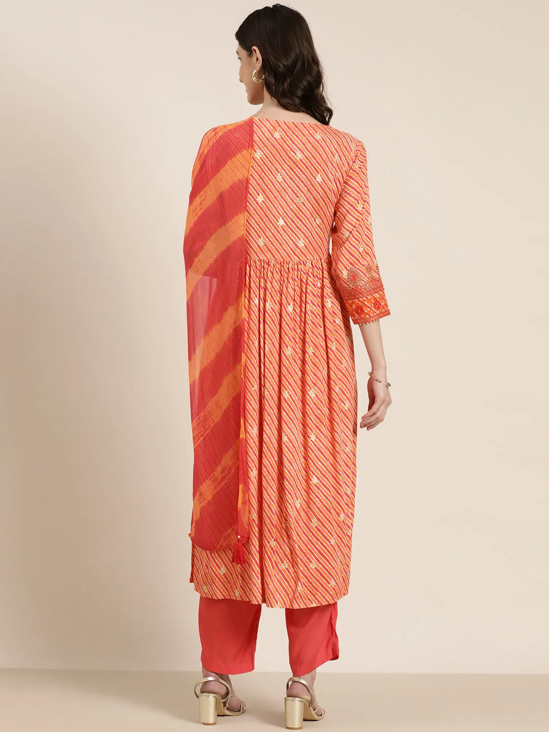 Women Orange Striped Kurta Set